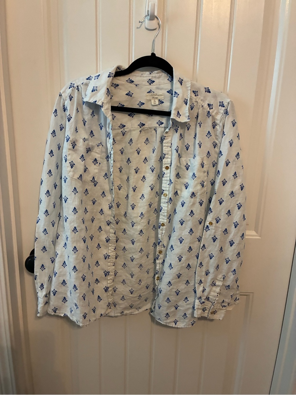 Charter Club White Button-Down Shirt with Blue Diamond Print
